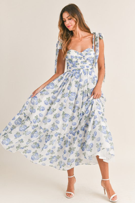 Fancy Seeing You Midi Dress in White/Blue