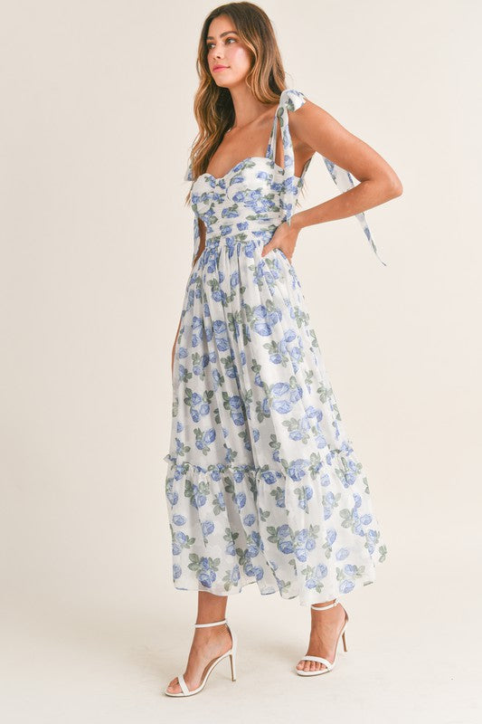 Fancy Seeing You Midi Dress in White/Blue