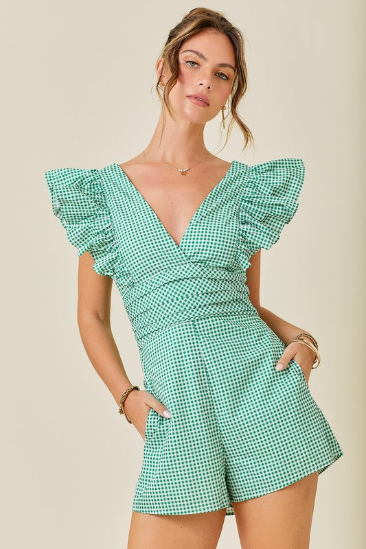 Going Gingham Romper in Green/White