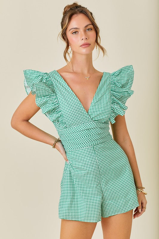 Going Gingham Romper in Green/White