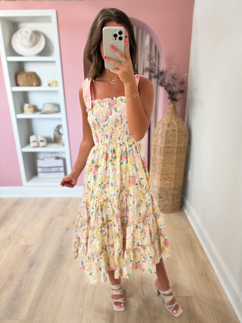 Devoted To You Midi Dress in Pink/Yellow