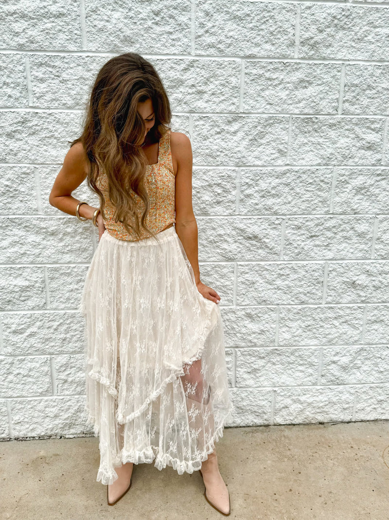 Cascading Crush Midi Skirt in Cream