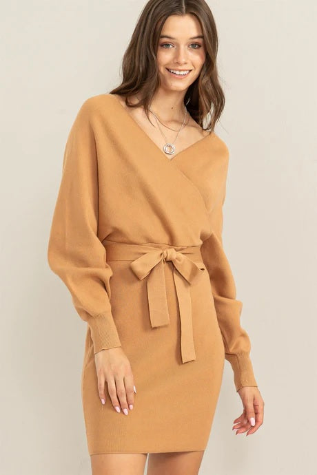 Glam Weekend Sweater Dress in Camel
