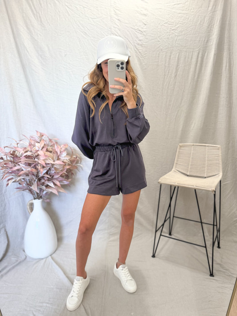 Weigh Your Options Romper in Charcoal