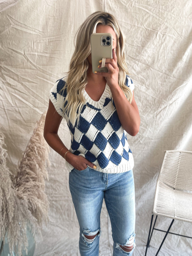 Checker Me Sweater Vest in Ivory/Blue